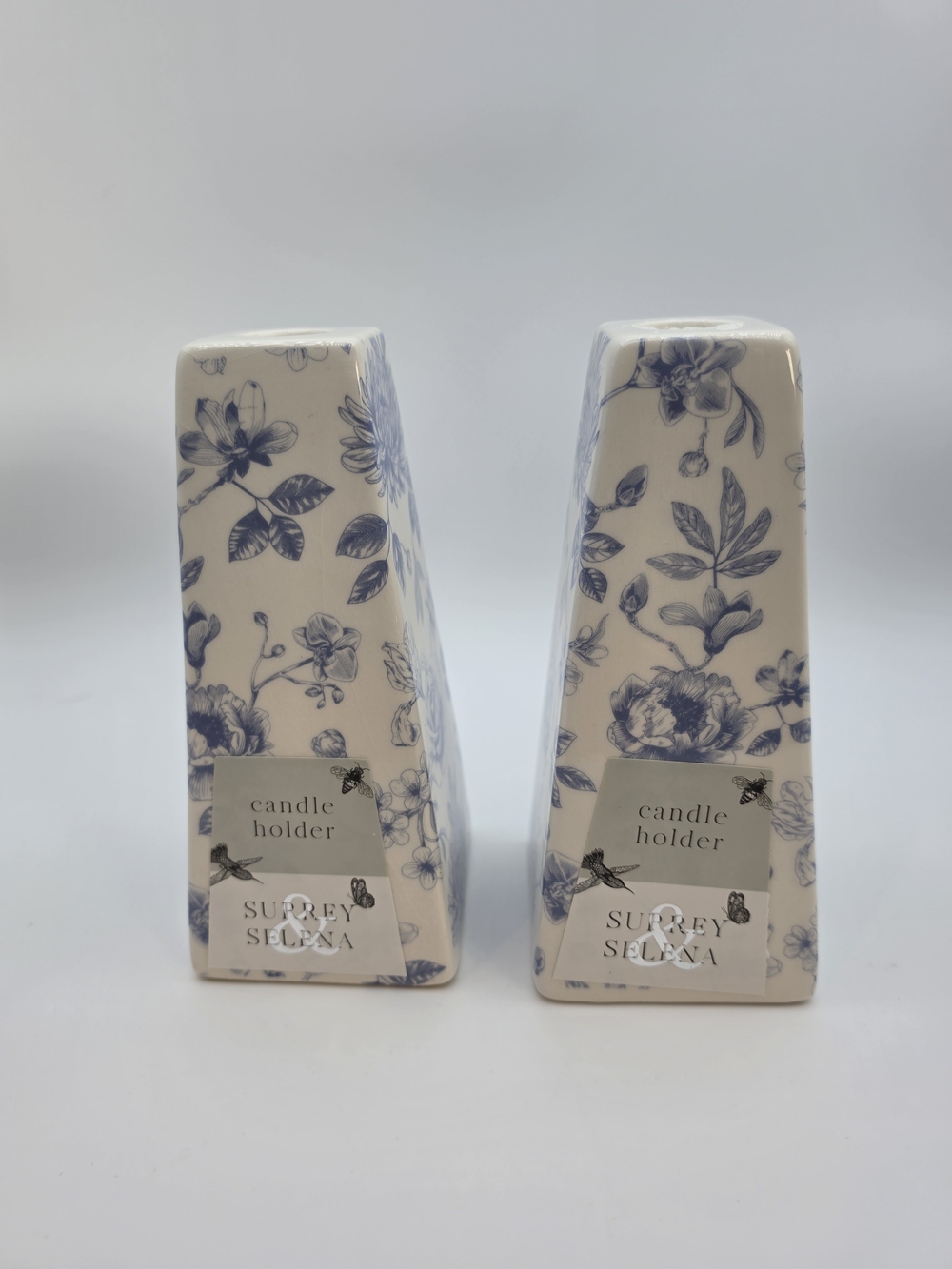 Blue Floral Ceramic Candle Holder - Set of 2